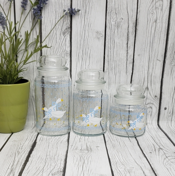 Vtg Country Geese Blue Ribbon Bow Glass Jar Canister w/Lid Set of 3 - Picture 1 of 9